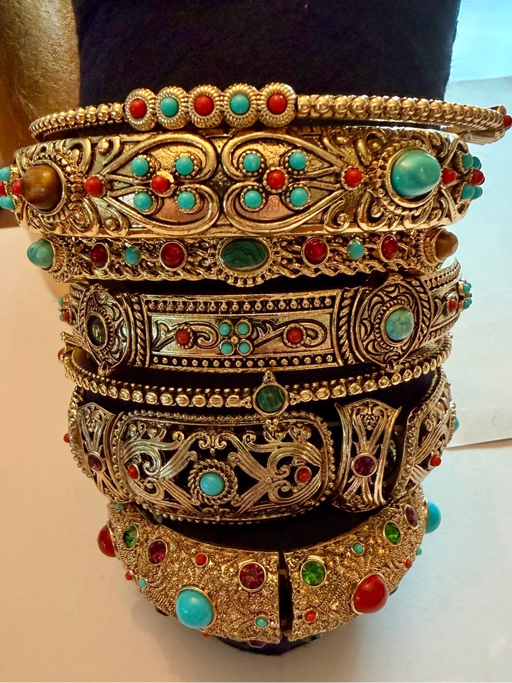R Graziano set of 7 Gold-Tone Bangle Bracelet with Turquoise and Coral Accents